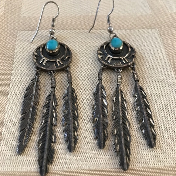 Vintage Sterling Turquoise Feather Earrings - Picture 3 of 5